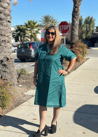 Petal Mandarin - Green Cotton Shirt Dress with Mandarin Collar