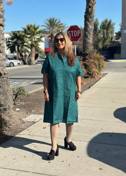 Petal Mandarin - Green Cotton Shirt Dress with Mandarin Collar