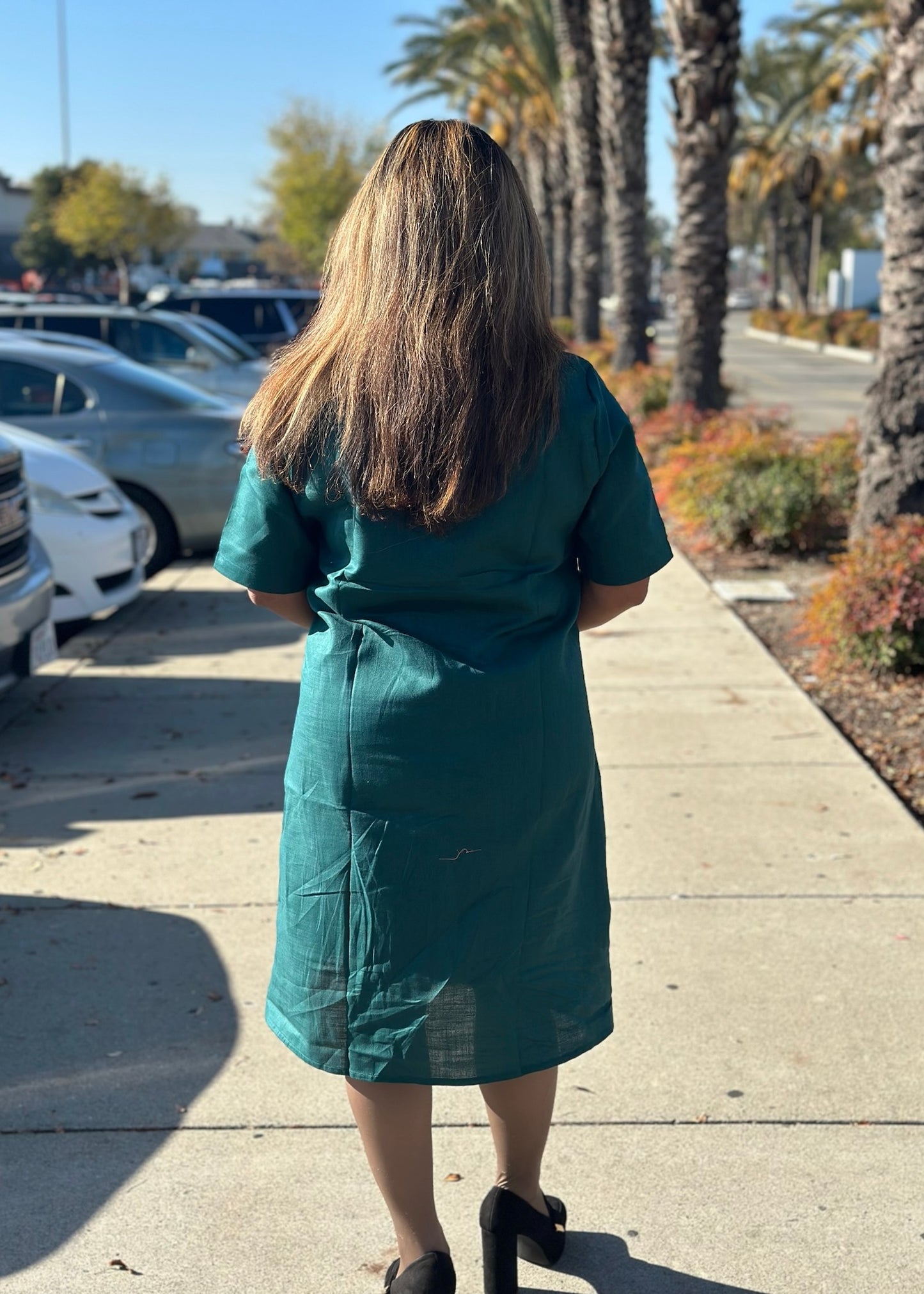 Petal Mandarin - Green Cotton Shirt Dress with Mandarin Collar