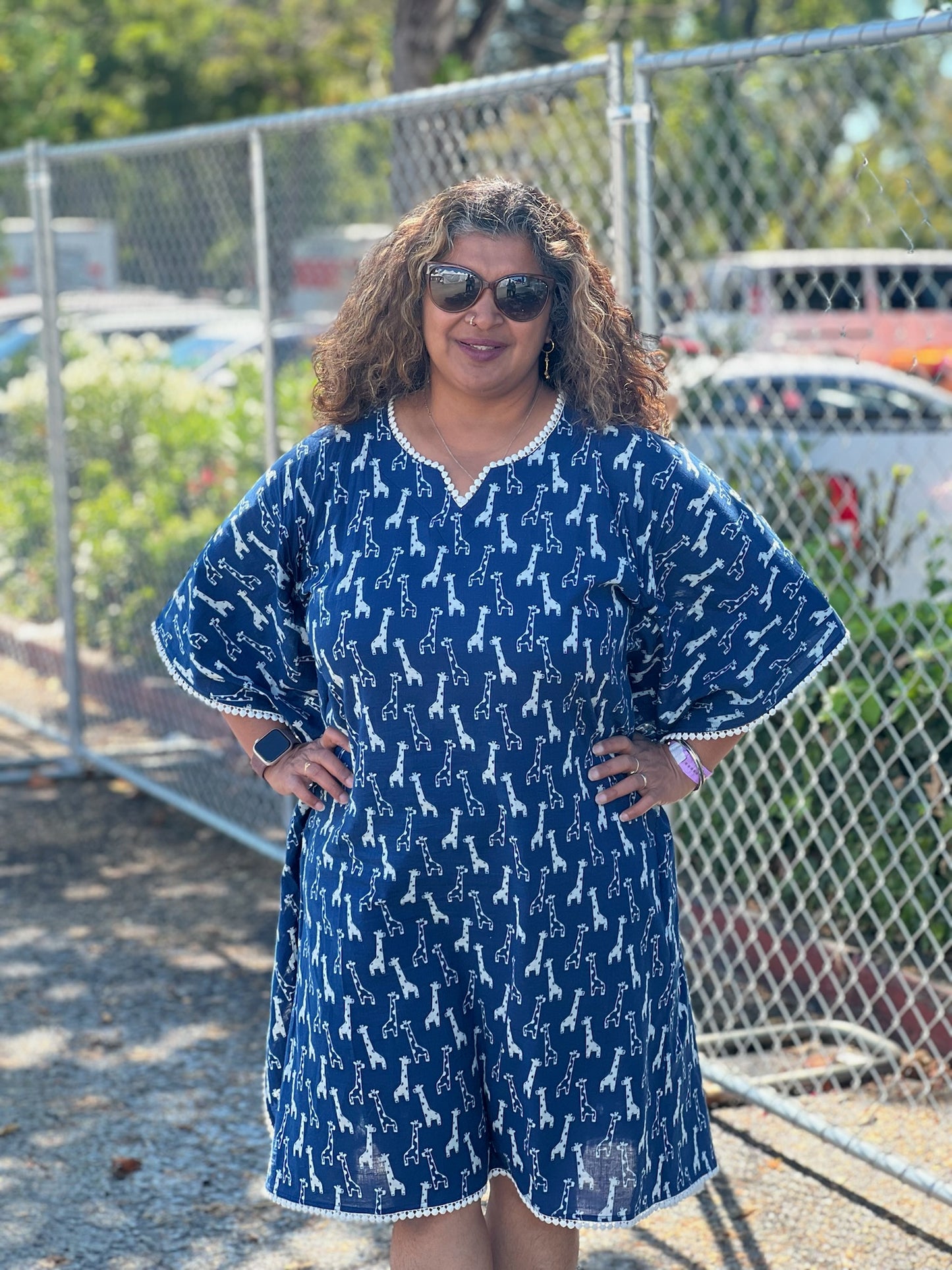 Savanna Chic - Indigo Handblock dress with Giraffe Print