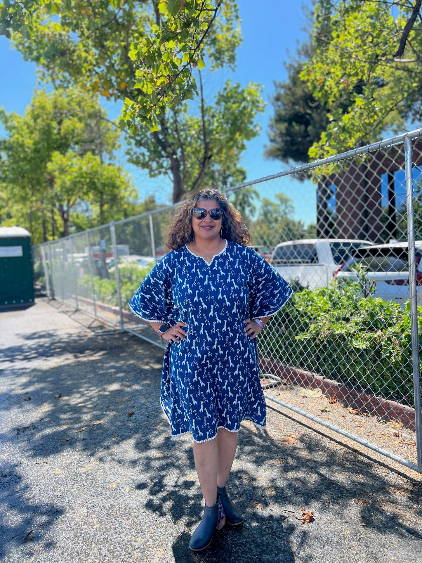 Savanna Chic - Indigo Handblock dress with Giraffe Print