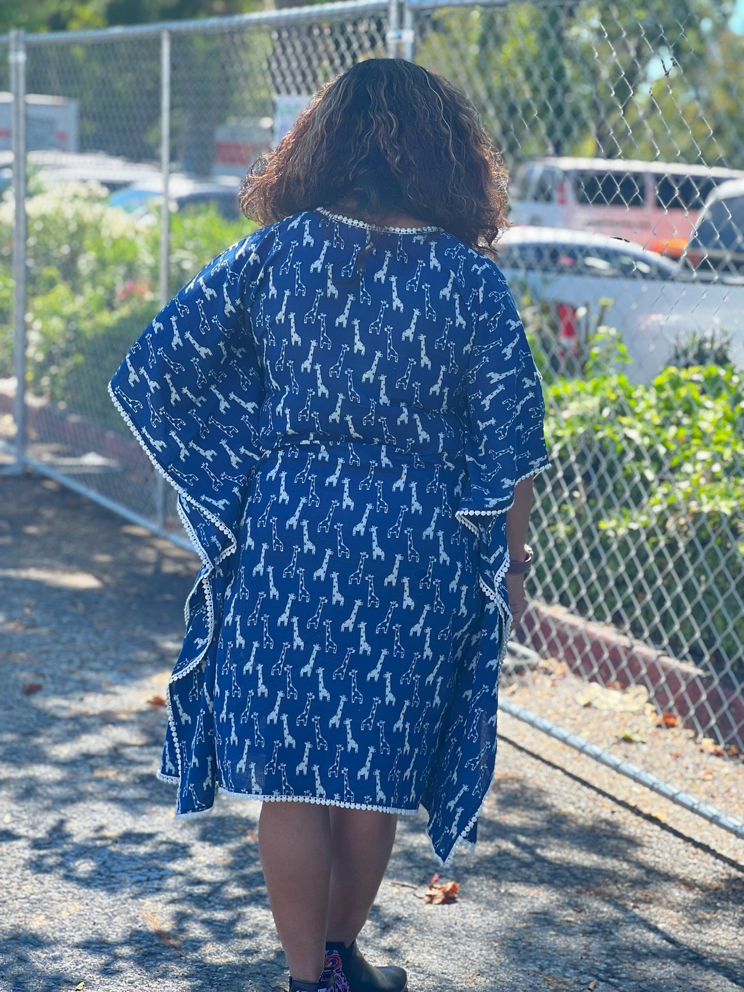 Savanna Chic - Indigo Handblock dress with Giraffe Print